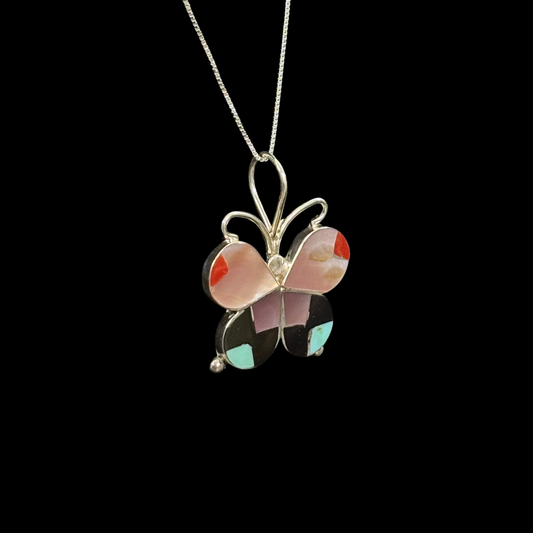 Multi-Stone Inlaid Butterfly Pendant