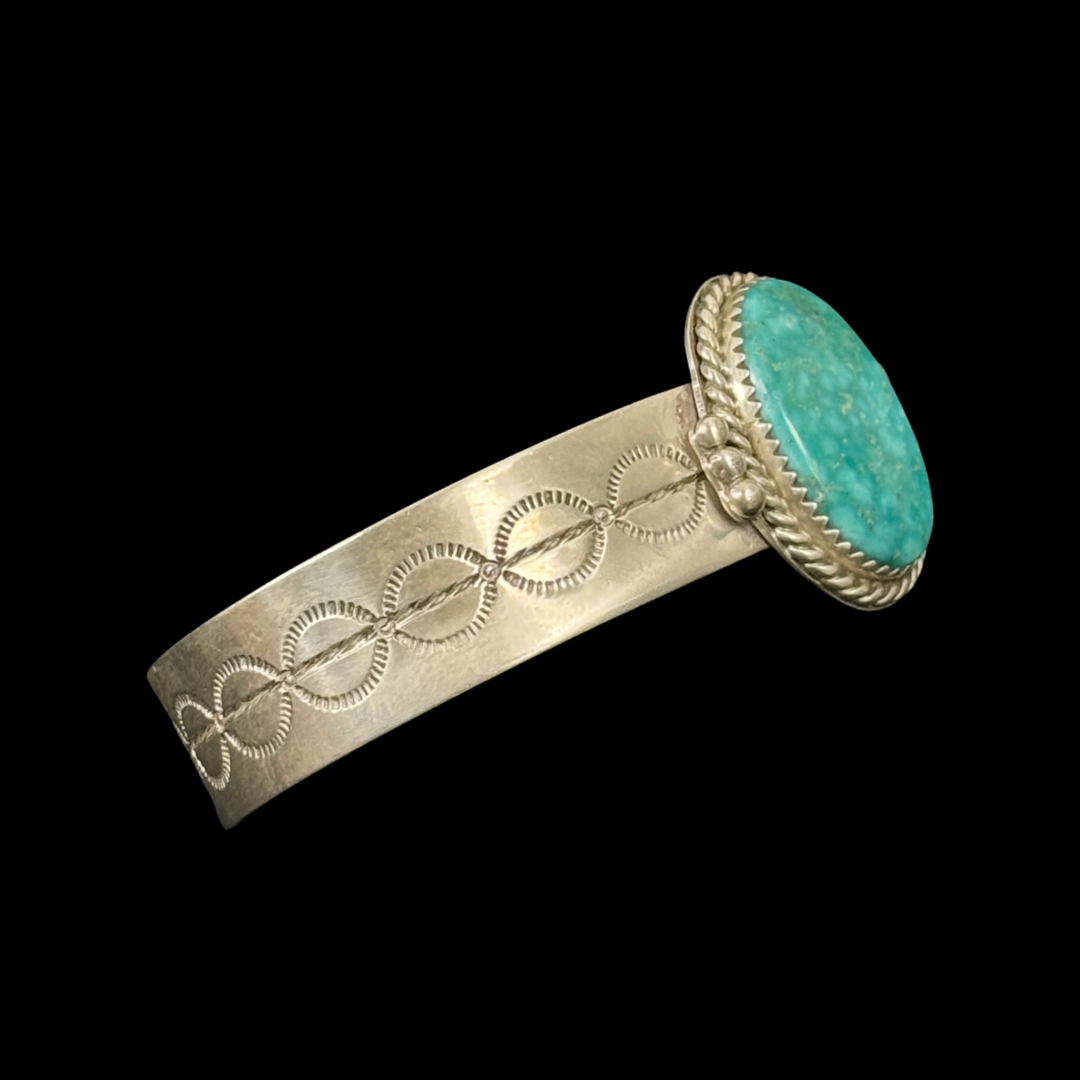 Nelson Morgan Navajo Sterling Silver Turquoise Bar Bracelet with Hand Stamping