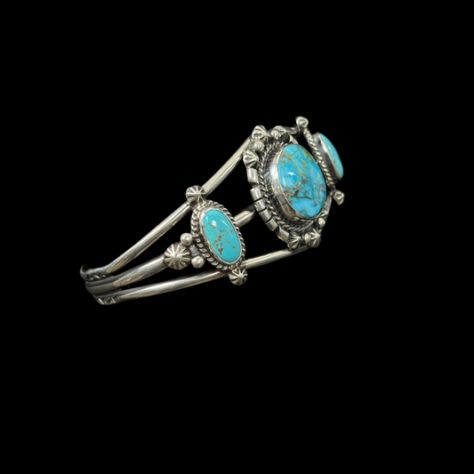 Three Stone Turquoise Split Band Sterling Silver Cuff Bracelet
