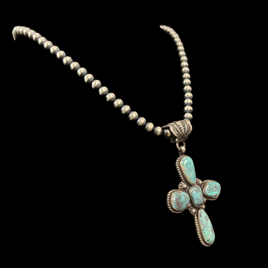 Turquoise Cross Necklace with 6mm Navajo Pearls – 22"