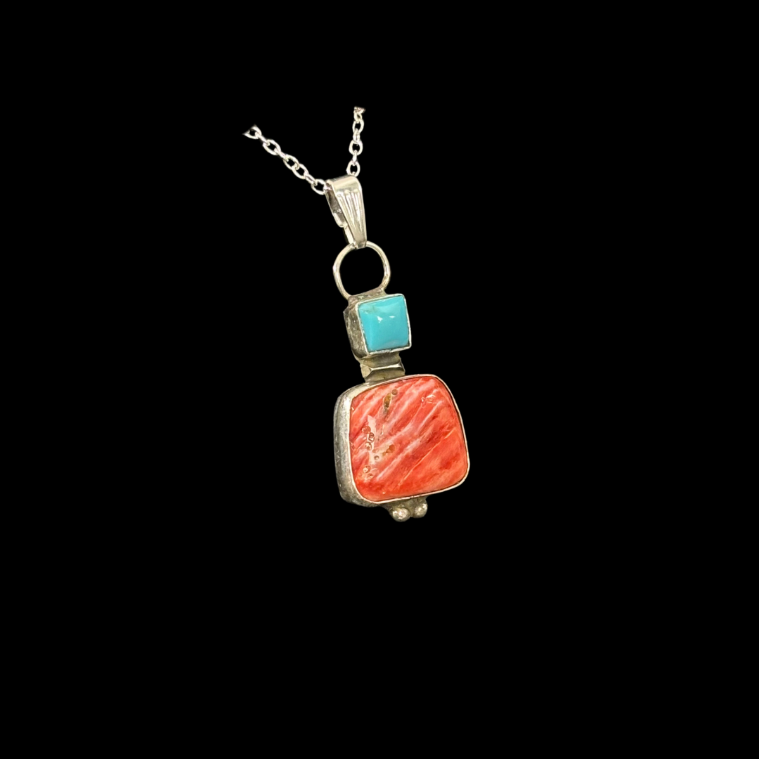 Turquoise & Spiny Oyster Sterling Silver Pendant by Rose Swett