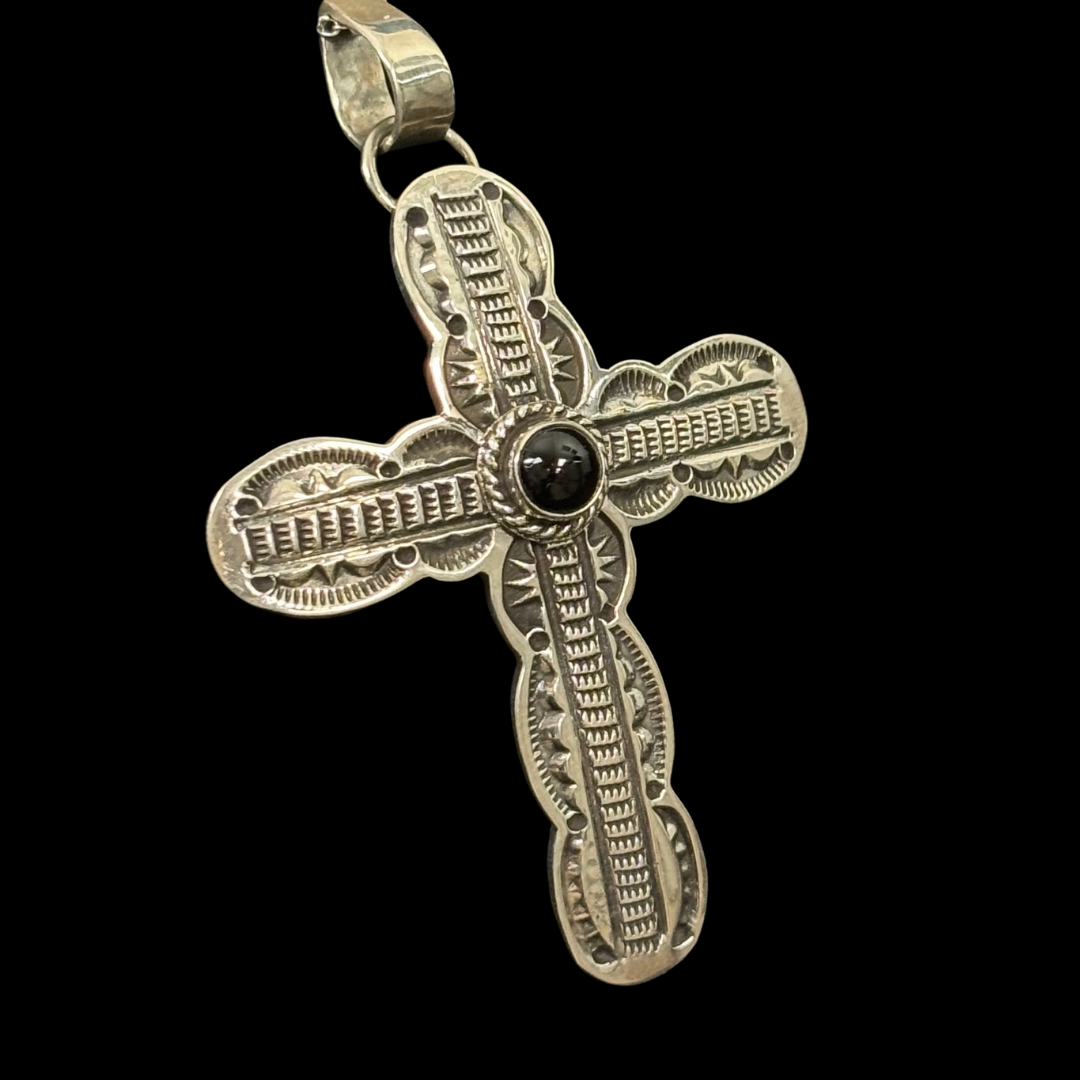 Stamped Silver and Onyx Cross Pendant