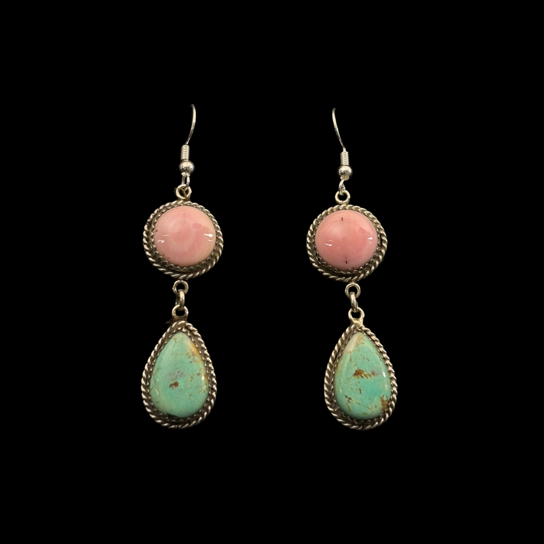 Turquoise and Pink Conch Earrings by Nelson Morgan