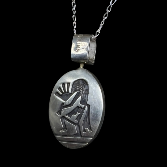 Hopi Reversible Sterling Silver Pendant by Leon Lomakema – Kokopelli & Turtle