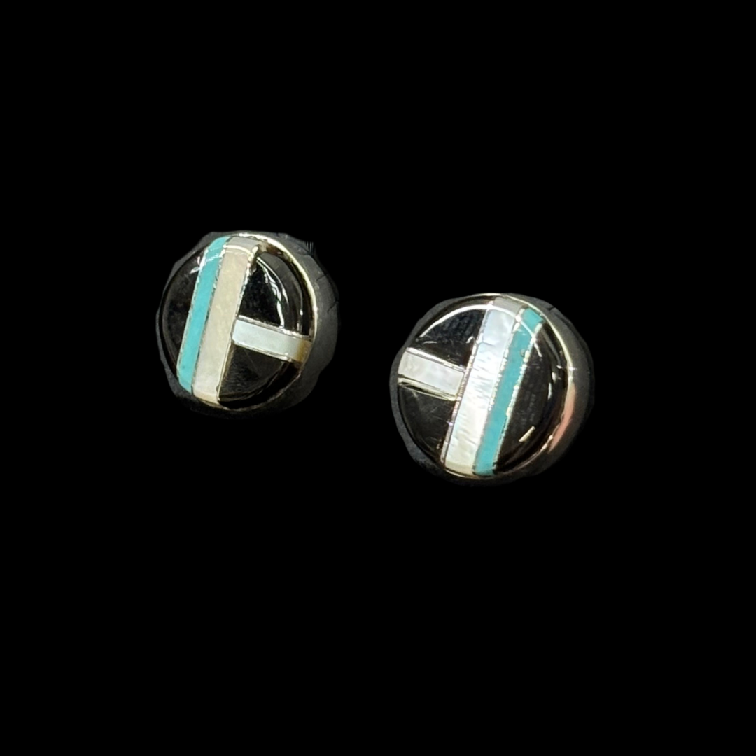 Zuni Inlaid Turquoise, Jet & Opal Earrings