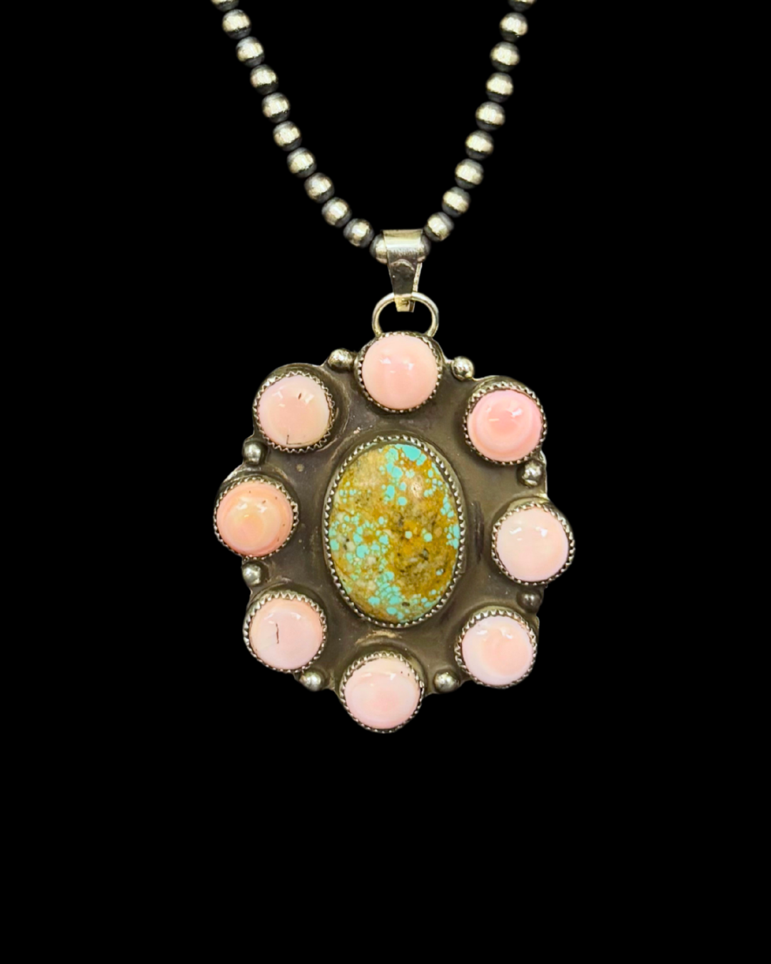 Cluster Pink Conch & Turquoise Pendant