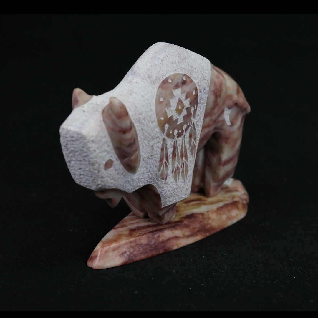 Dusky Rose Alabaster Buffalo Sculpture by Ray Todacheenie | Large