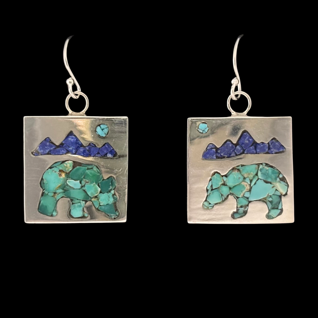 Sterling Silver Turquoise Bear Inlay Dangle Earrings by Andrew Lovato