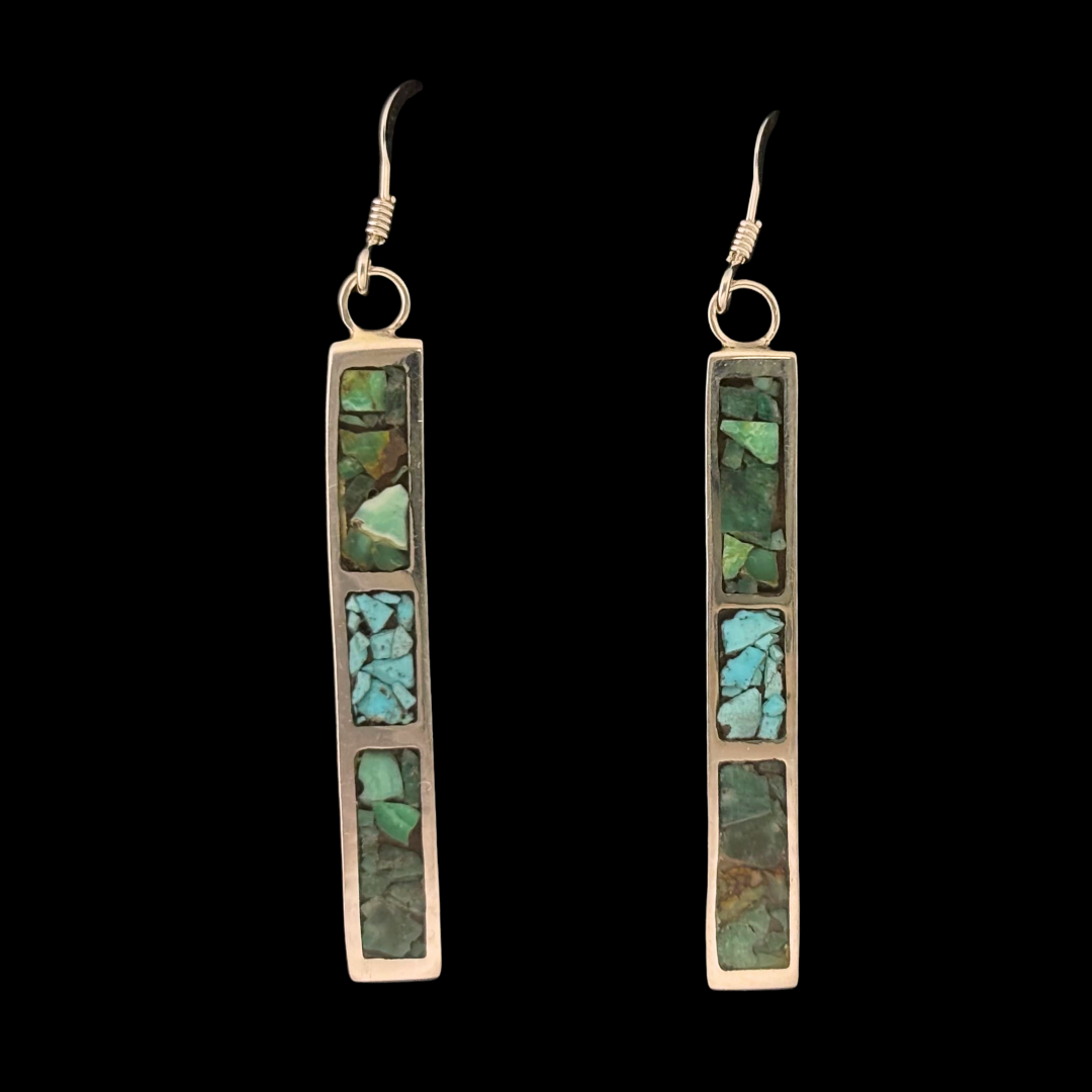 Sterling Silver Light Blue and Green Turquoise Inlay Bar Dangle Earrings by Andrew Lovato