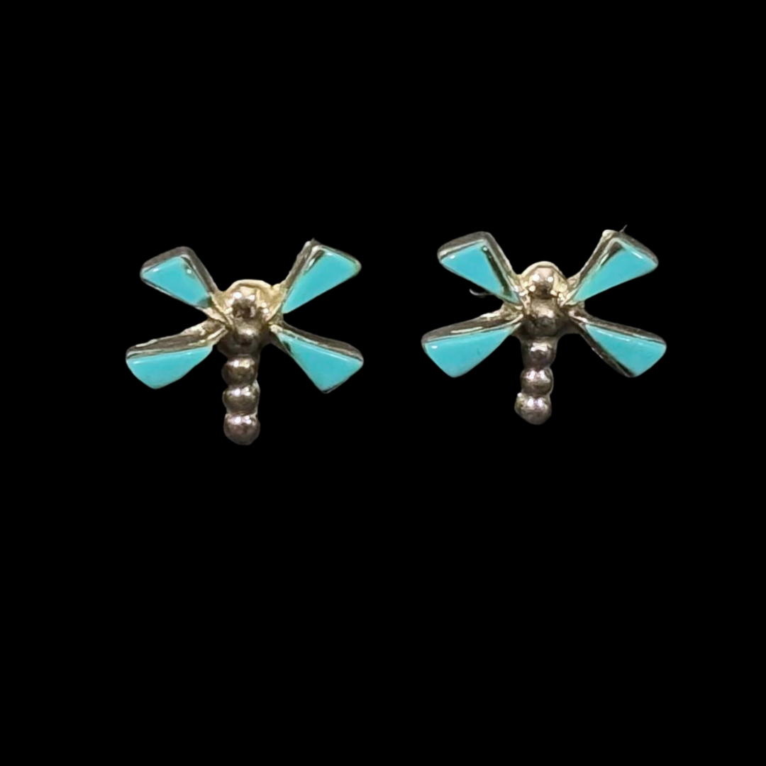 Zuni Inlay Dragonfly Stud Earrings with Turquoise Wings | Sterling Silver