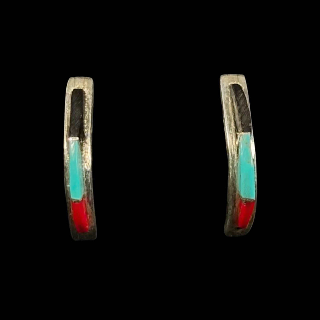 Zuni Inlay Half Hoop Earrings with Blue Bird Turquoise, Coral & Onyx | Sterling Silver Stud Earrings