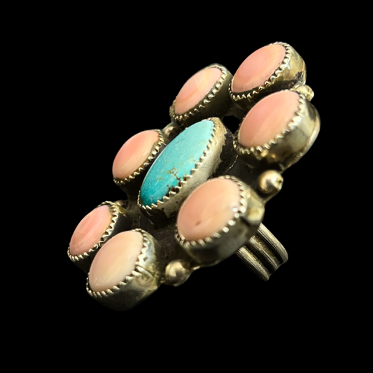 Calvin Butler Jr. Navajo Turquoise and Pink Conch Cluster Ring | Size 9.5