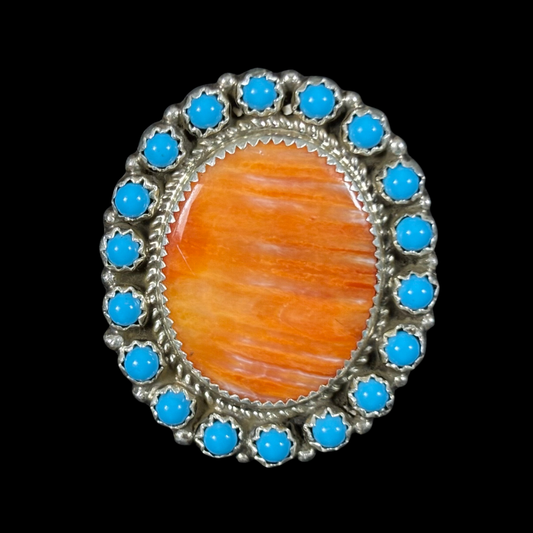 Navajo Turquoise & Spiny Oyster Cluster Ring – Size 8 Adjustable | Sterling Silver Statement Ring