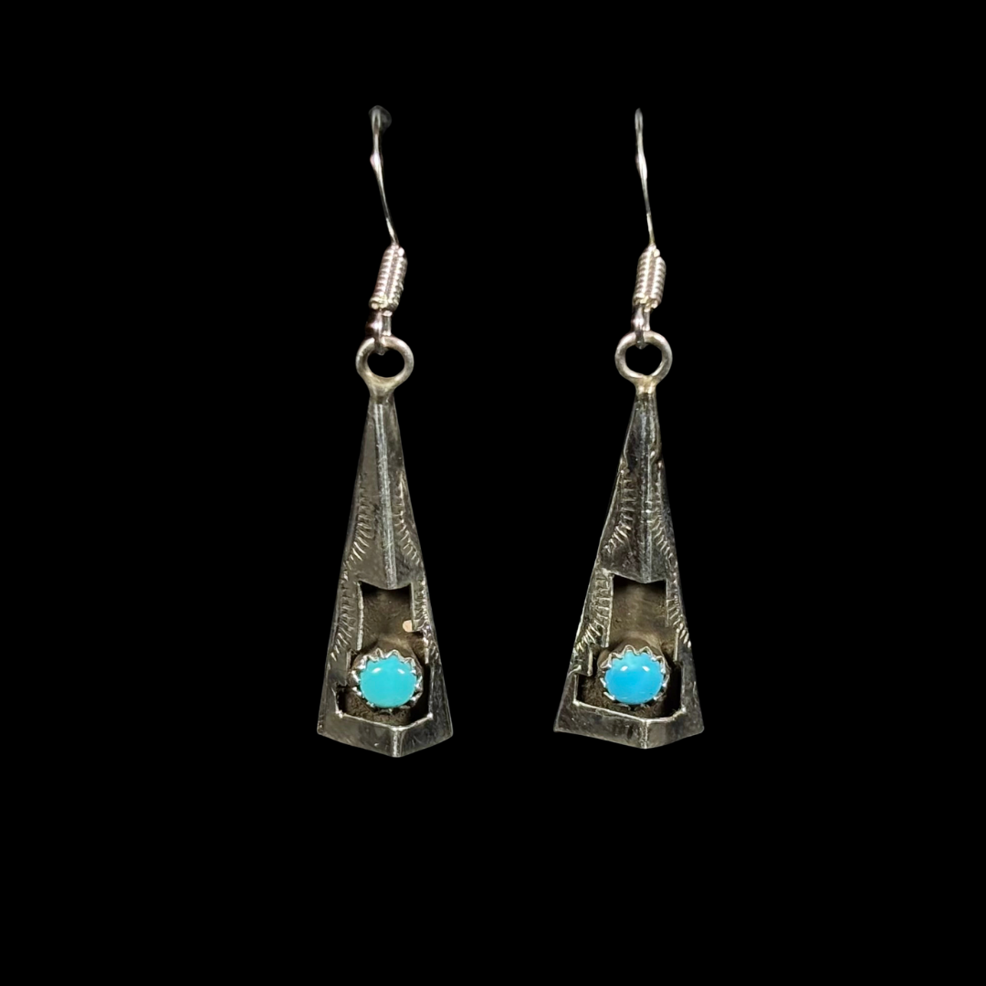 Zuni Triangle Dangle Earrings with Turquoise Accent | Sterling Silver