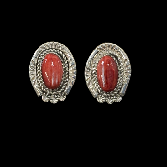 Sunburst Stamped Sterling Silver & Spiny Oyster Earrings