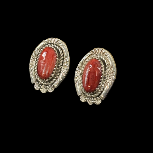 Sunburst Stamped Sterling Silver & Spiny Oyster Earrings