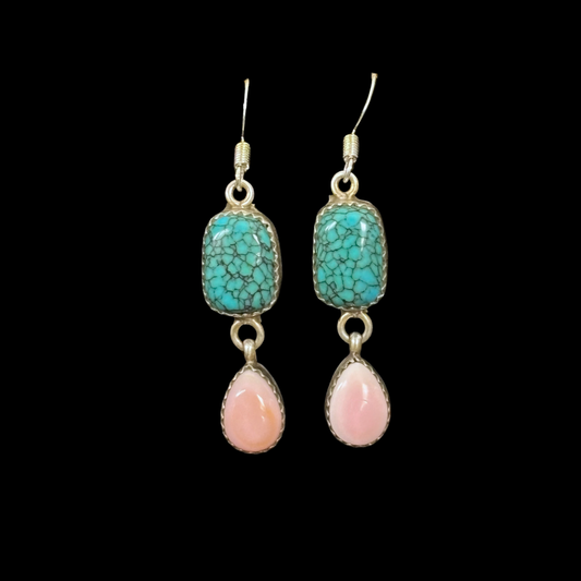 Turquoise and Pink Conch Earrings by Nelson Morgan