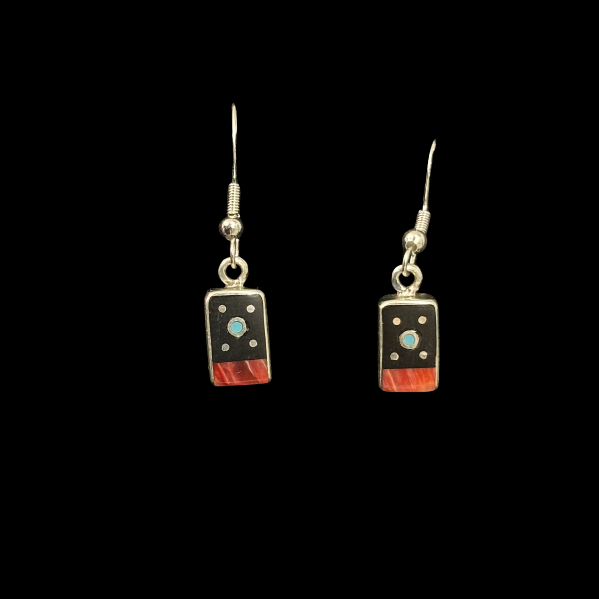 Jet, Spiny Oyster, & Turquoise Inlaid Sterling Silver Earrings by Jimmy Poyer