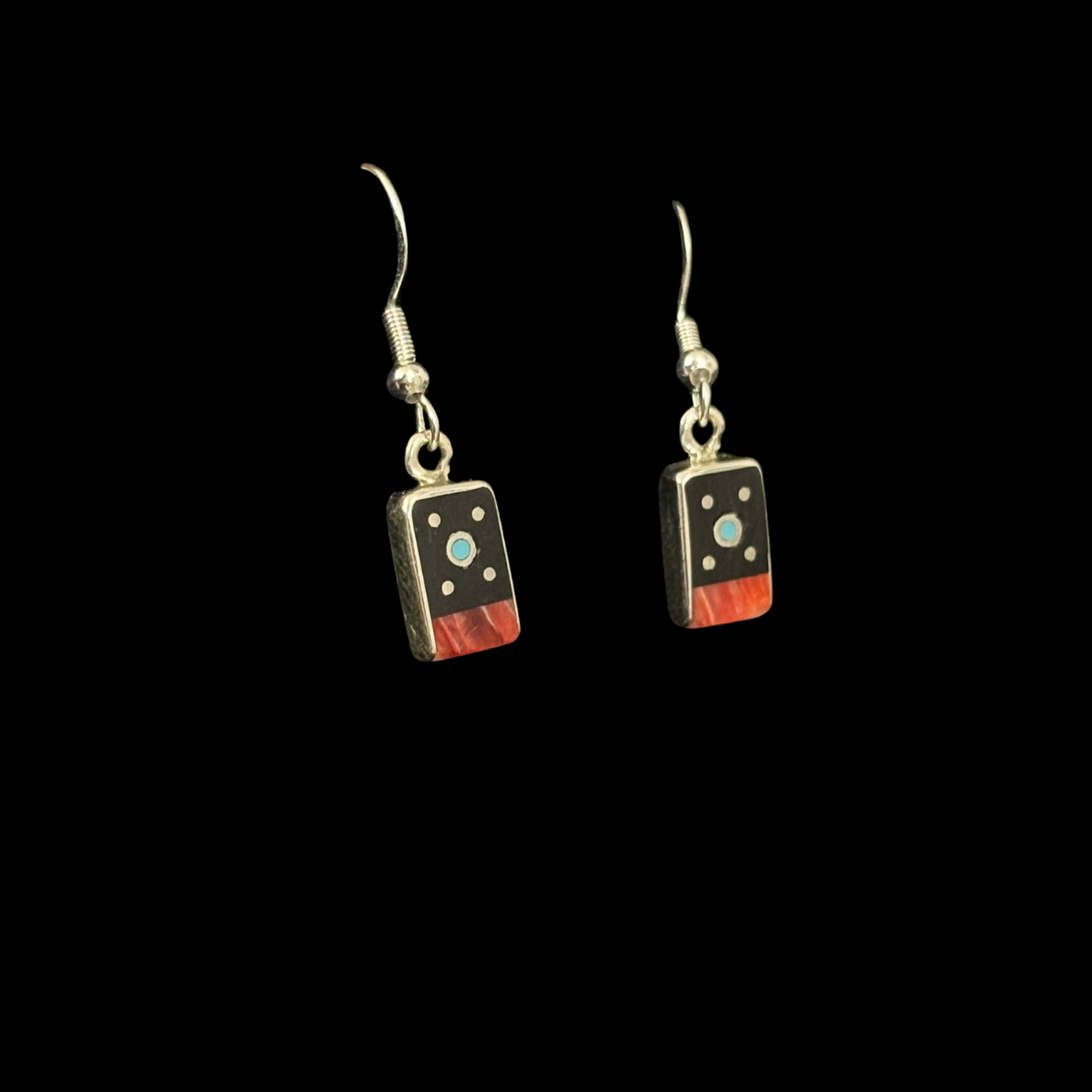 Jet, Spiny Oyster, & Turquoise Inlaid Sterling Silver Earrings by Jimmy Poyer