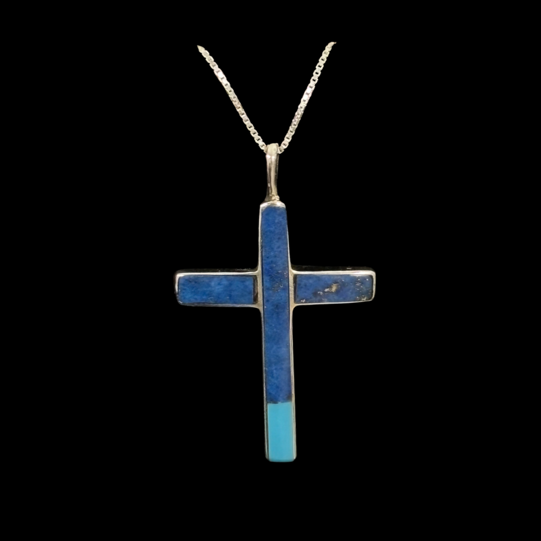 Lapis & Turquoise Inlaid Cross Pendant by Jimmy Poyer