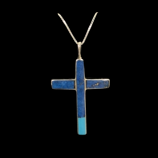 Lapis & Turquoise Inlaid Cross Pendant by Jimmy Poyer