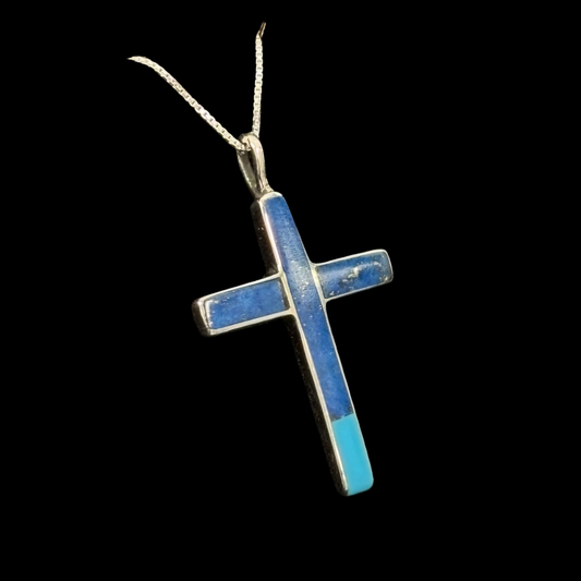 Lapis & Turquoise Inlaid Cross Pendant by Jimmy Poyer