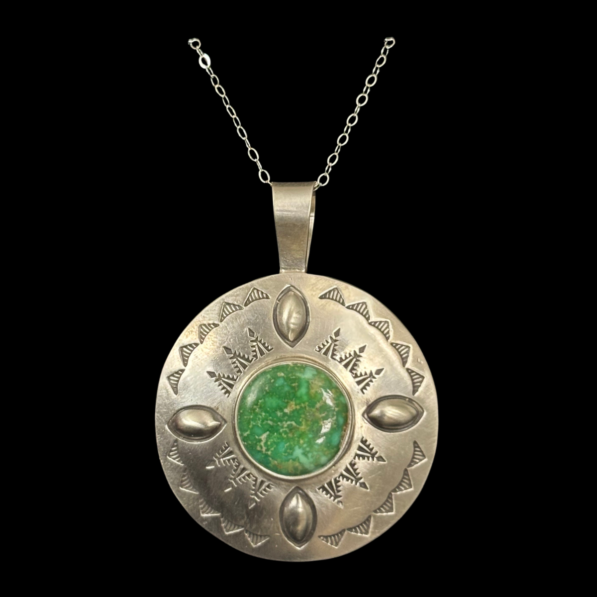 Hand-Stamped Sterling Silver and Royston Turquoise Pendant by Stanley Parker