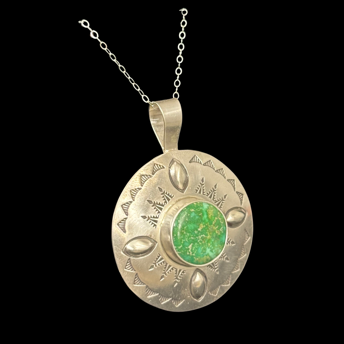 Hand-Stamped Sterling Silver and Royston Turquoise Pendant by Stanley Parker