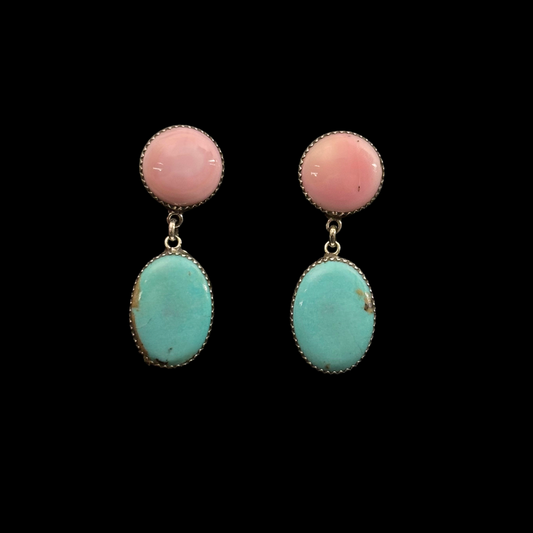Turquoise and Pink Conch Earrings by Nelson Morgan
