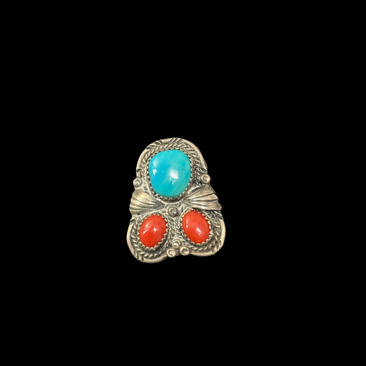 Vintage Turquoise and Coral Ring - Size 7