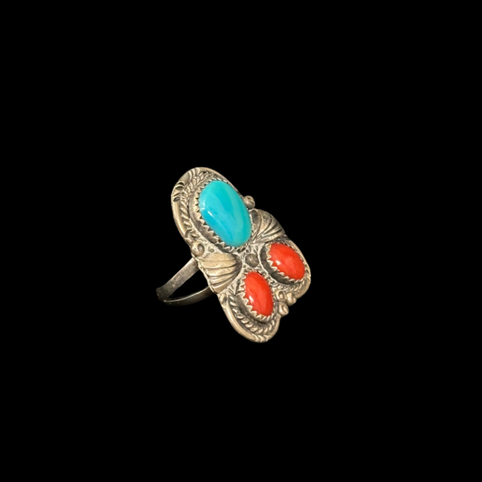 Vintage Turquoise and Coral Ring - Size 7