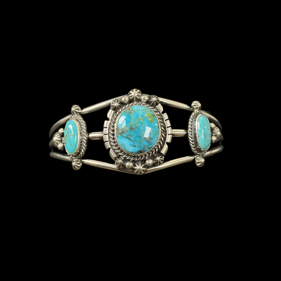 Three Stone Turquoise Split Band Sterling Silver Cuff Bracelet