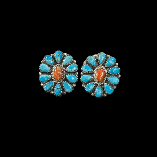 Turquoise & Spiny Oyster Cluster Earrings by Violet Nez
