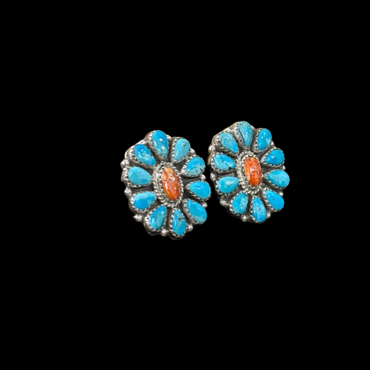 Turquoise & Spiny Oyster Cluster Earrings by Violet Nez