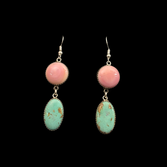 Turquoise and Pink Conch Earrings by Nelson Morgan