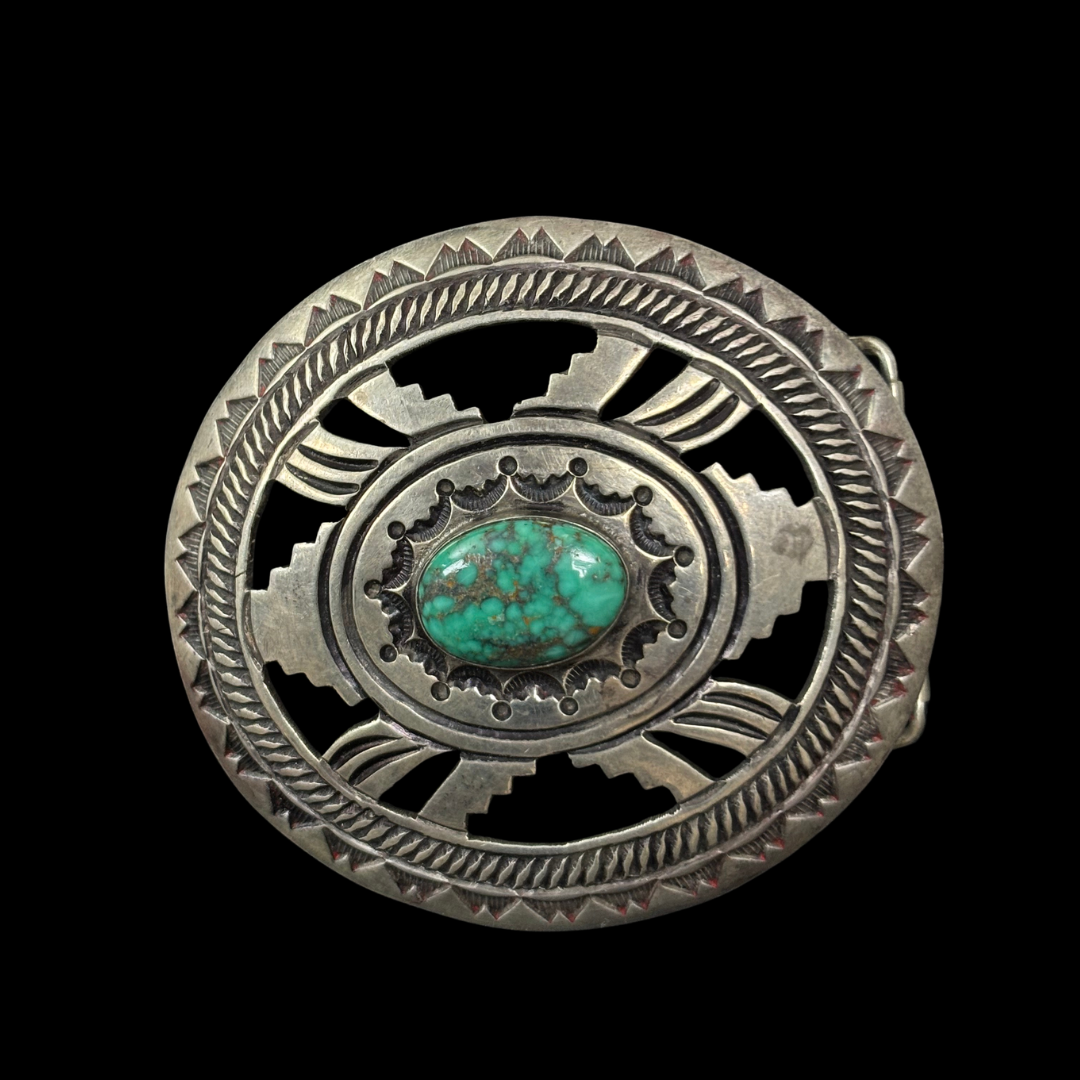 Vintage Stamped Silver & Turquoise Belt Buckle