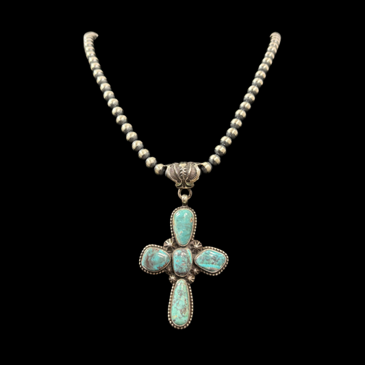 Turquoise Cross Necklace with 6mm Navajo Pearls – 22"
