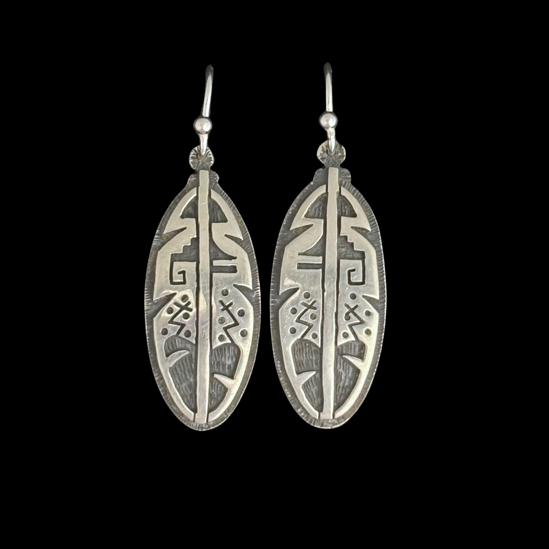 Hopi Feather Silver Overlay Earrings by Greg Naseyoma