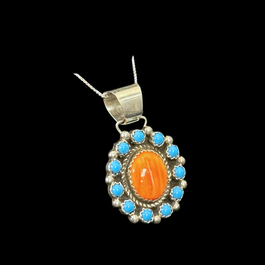 Spiny Oyster & Turquoise Cluster Sterling Silver Pendant