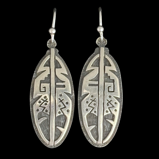 Hopi Feather Silver Overlay Earrings by Greg Naseyoma