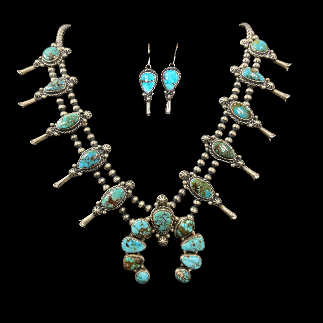 Kingman Turquoise Squash Blossom Necklace & Earrings Set