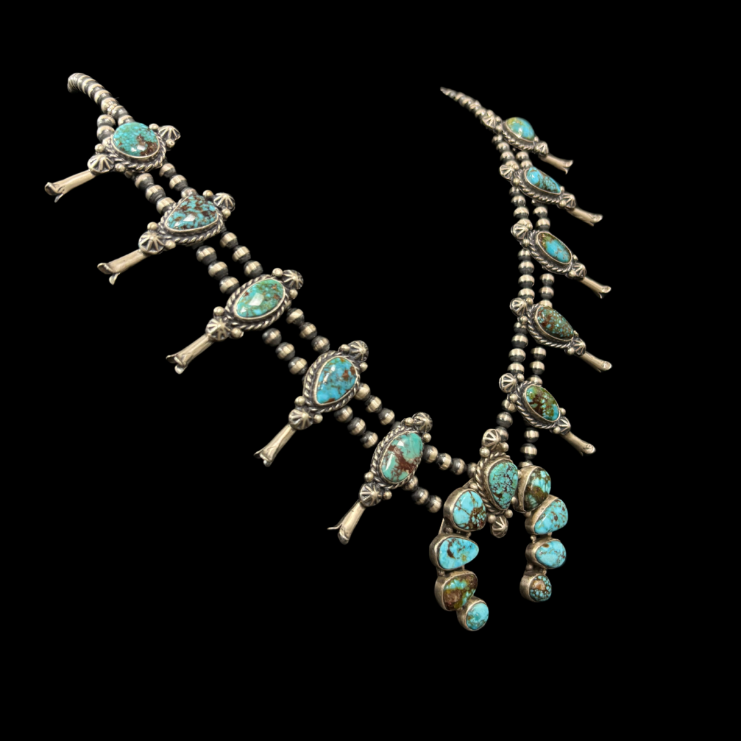 Kingman Turquoise Squash Blossom Necklace & Earrings Set