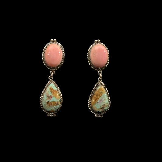 Turquoise and Pink Conch Earrings by Nelson Morgan