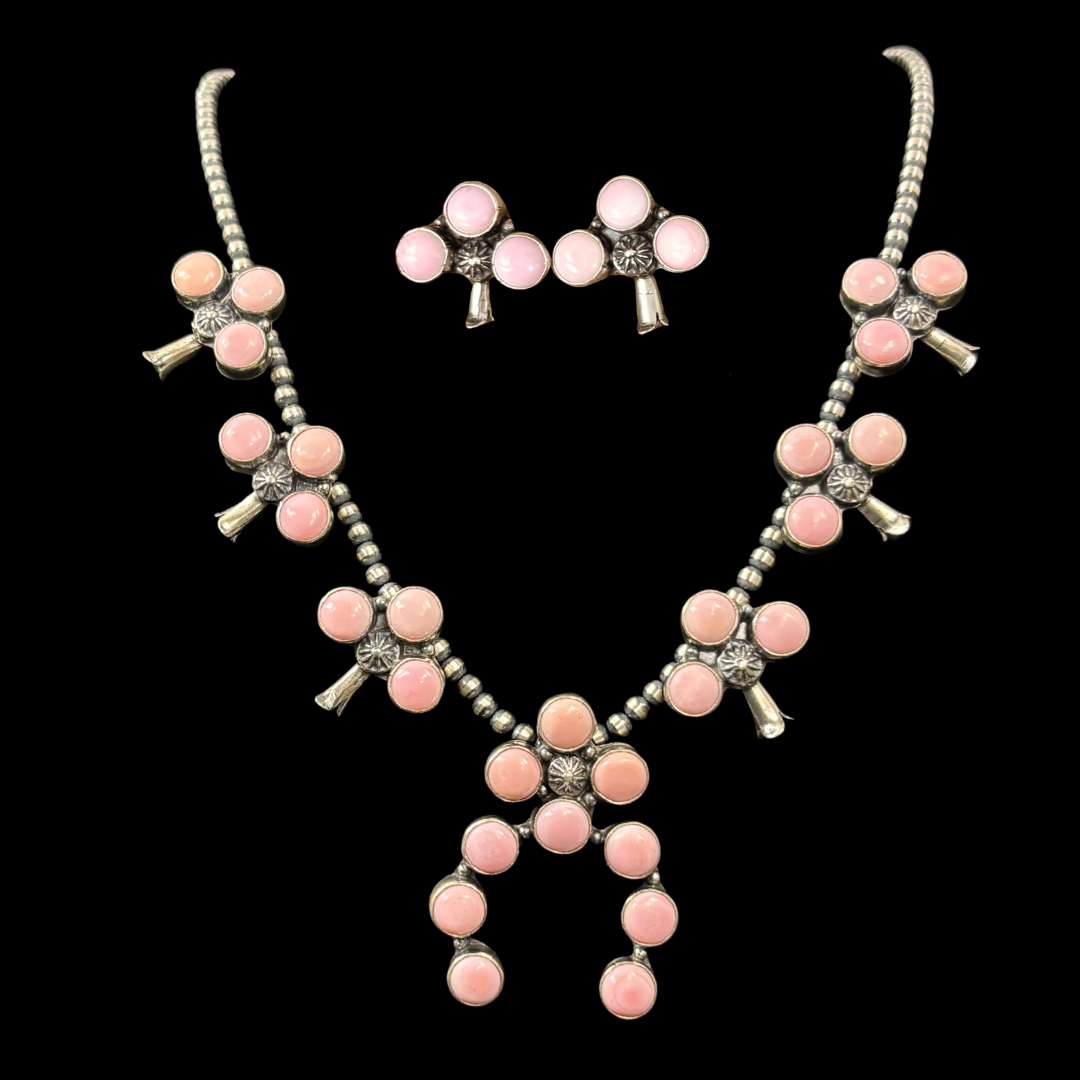 Pink Conch Squash Blossom Necklace & Earrings Set