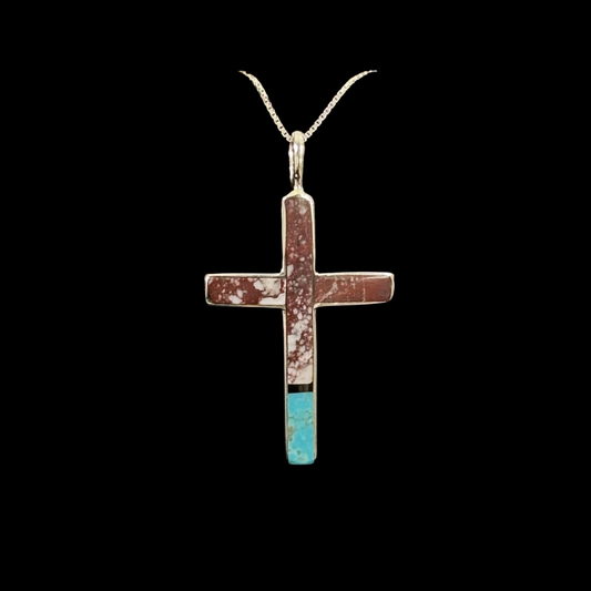 Wild Horse Jasper & Turquoise Inlaid Cross Pendant by Jimmy Poyer