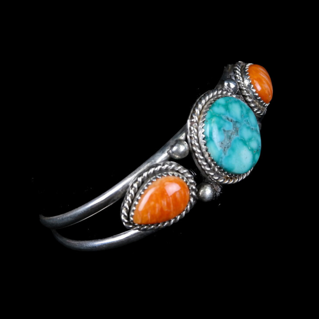 Turquoise and Spiny Oyster Three Stone Bracelet