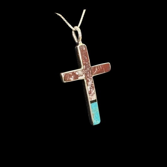 Wild Horse Jasper & Turquoise Inlaid Cross Pendant by Jimmy Poyer