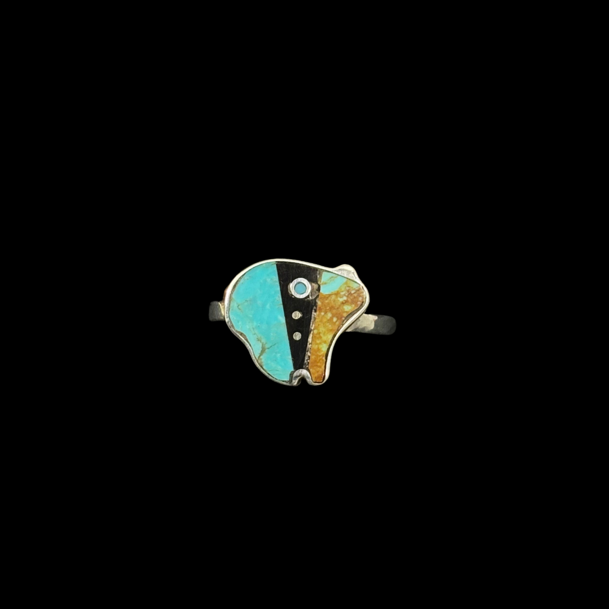 Turquoise and Jet Inlaid Bear Ring by Jimmy Poyer