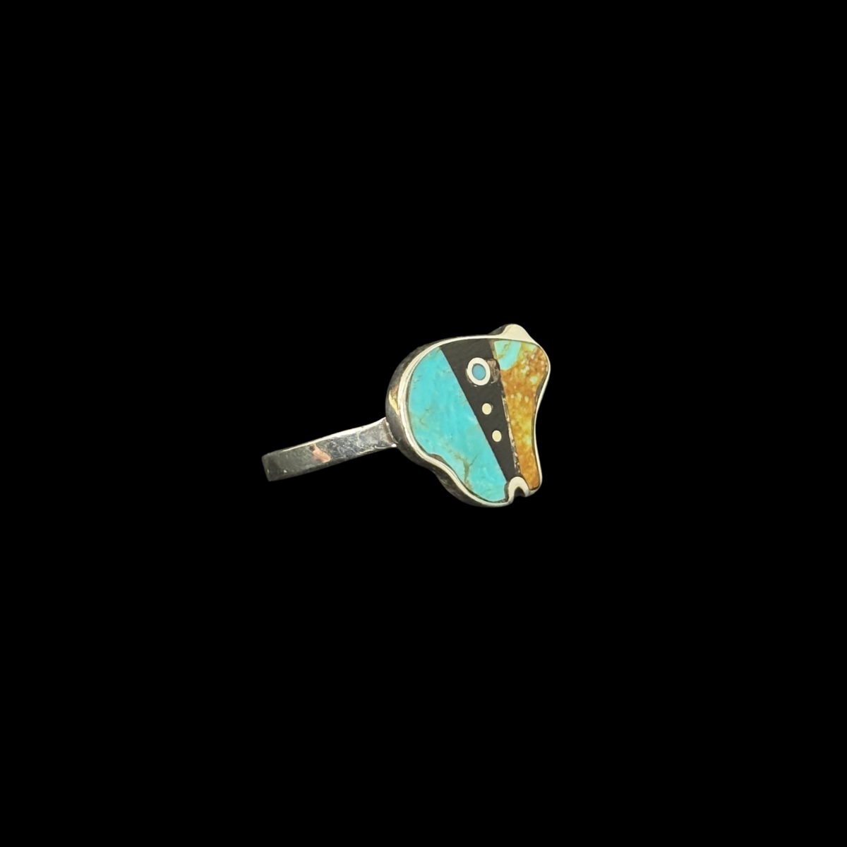 Turquoise and Jet Inlaid Bear Ring by Jimmy Poyer