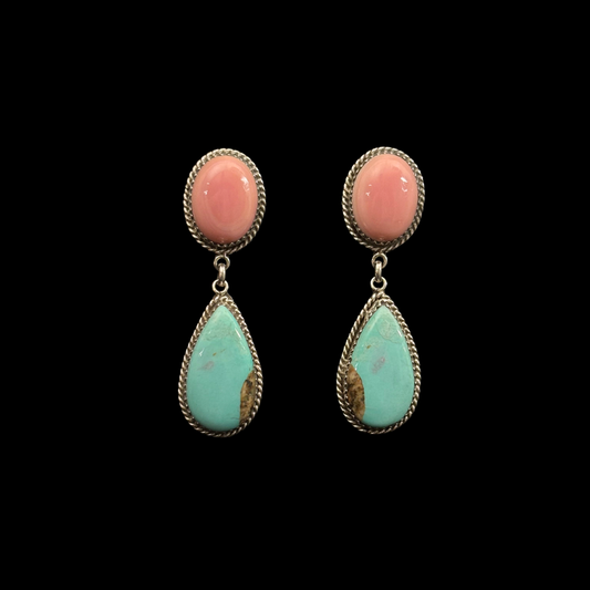 Turquoise and Pink Conch Earrings by Nelson Morgan